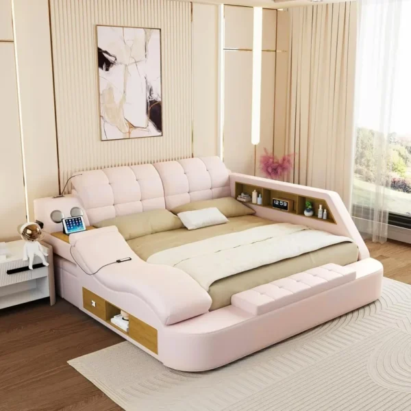 Luxury Smart King Bed Frame Multifunction Bed Frame Upholstered Platform with Massage Recliner Bluetooth Speaker King Bed Frames