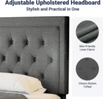 Queen Size Button Tufted Platform Bed Frame/Fabric Upholstered Bed Frame with Adjustable Headboard/Wood Slat Support/Mattress