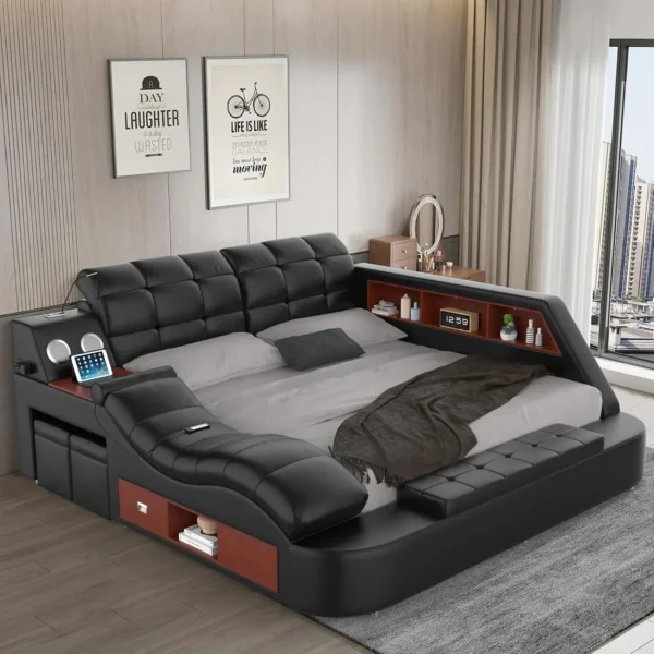 Luxury Smart King Bed Frame Multifunction Bed Frame Upholstered Platform with Massage Recliner Bluetooth Speaker King Bed Frames - Image 9