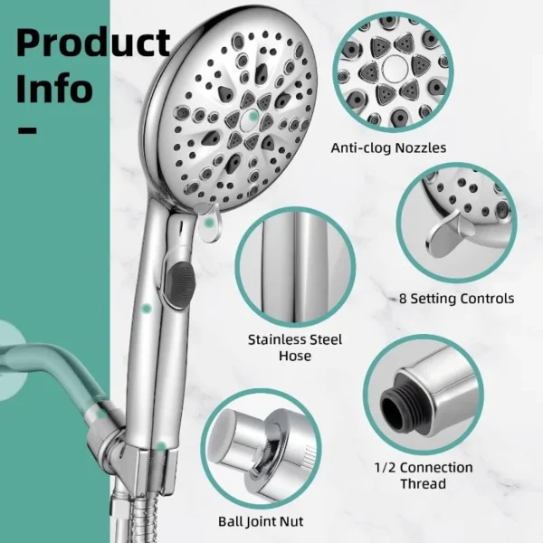 High Pressure 9 Functions Shower Head with handheld - Luxury Modern Chrome Look, Built-in Power Spray to Clean Corner - Image 6