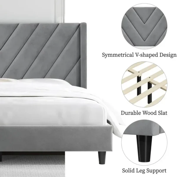 Queen Frame Upholstered Platform Bed /Wooden Slat Support/Tufted Headboard With Wing Side/Mattress F - Image 5