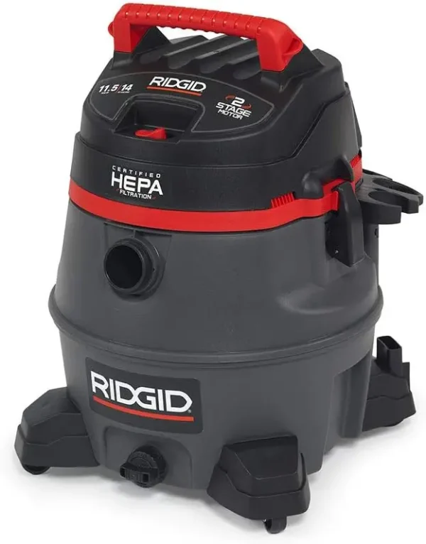 Ridgid 50368 Rv2400Hf Wet Dry Vacuum, 14-Gallon Shop Vacuum With Certified Hepa Filtration, 2-Stage 11.5A Motor, Casters, Pro