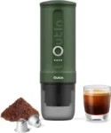 Qwoutin Nano portable electric espresso machine, self-heating, car charger, 20 bar mini coffee maker, with ground coffee; NS cap