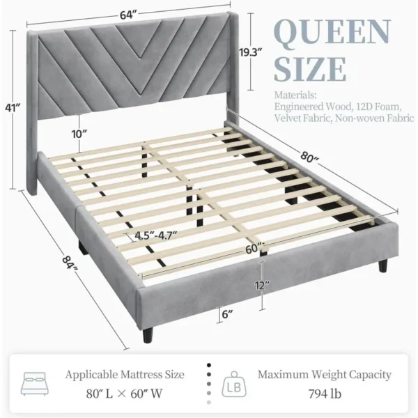 Queen Frame Upholstered Platform Bed /Wooden Slat Support/Tufted Headboard With Wing Side/Mattress F - Image 2