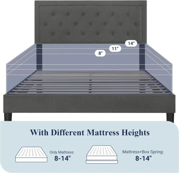 Queen Size Button Tufted Platform Bed Frame/Fabric Upholstered Bed Frame with Adjustable Headboard/Wood Slat Support/Mattress - Image 6