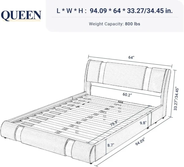 Queen Bed Frame with Iron Piece Decor, Faux Leather Upholstered Platform Bed with Adjustable Headboard & Strong Wooden Slats, No - Image 2