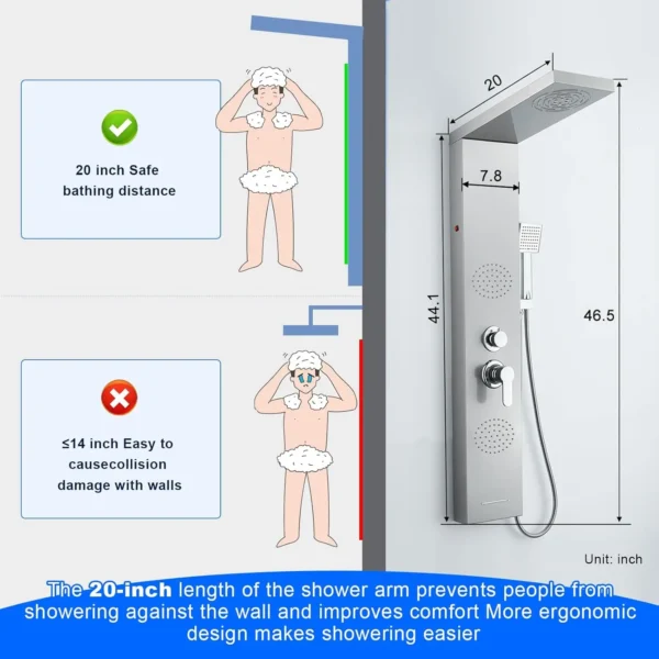 ROVATE 5 IN 1 LED Shower Panel Tower System Mist Rain Bathroom Stainless Steel Column Tub Spout 2 Full Body Massage Jets Brushed - Image 2