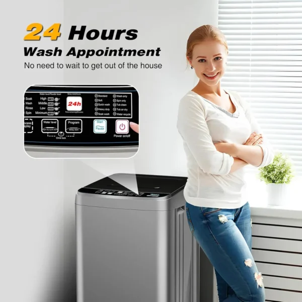 Washing Machine, 25 LBS Full Automatic Portable Washing Machine with 8 Water Levels and 10 Programs Laundry Drain Pump, Grey Low - Image 4