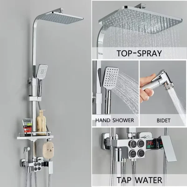 4-Function Button Digital Display Shower Faucet Set Chrome Rain Shower Column Constant Temperature Shower Wall Mounted - Image 9