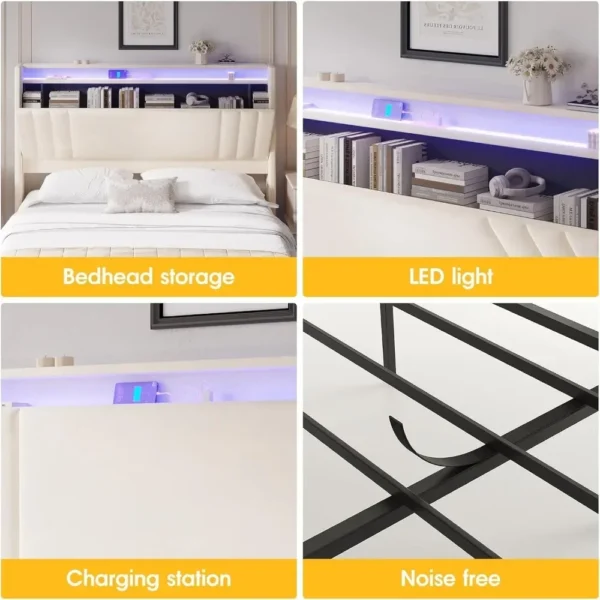 Floating Bed Frame, 50.8" Tall Headboard LED with Charging Station, Metal Platform Bed Frame, Upholstered Platform Beds Home - Image 5