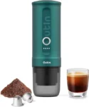 Qwoutin Nano portable electric espresso machine, self-heating, car charger, 20 bar mini coffee maker, with ground coffee; NS cap