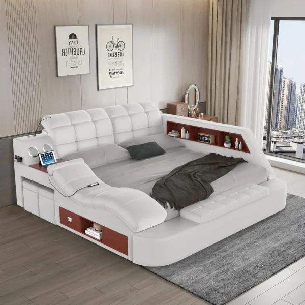 Luxury Smart King Bed Frame Multifunction Bed Frame Upholstered Platform with Massage Recliner Bluetooth Speaker King Bed Frames - Image 8