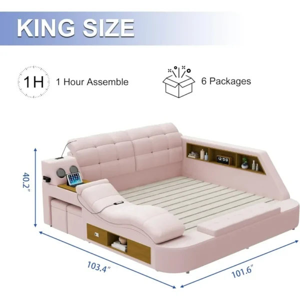 Luxury Smart King Bed Frame Multifunction Bed Frame Upholstered Platform with Massage Recliner Bluetooth Speaker King Bed Frames - Image 2