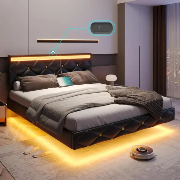 bed，Floating Bed Frame Full Size with Headboard and Charging Ports Modern Visual Full Floating Bed with Led Lights Black Faux - Image 7