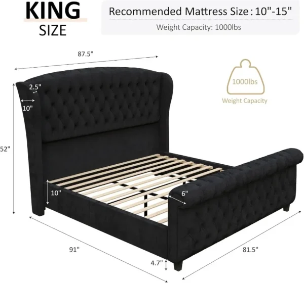 King Size Platform Bed Frame Velvet Upholstered Sleigh Bed with Scroll Wingback Headboard Footboard Button Tufted Easy Assembly - Image 2