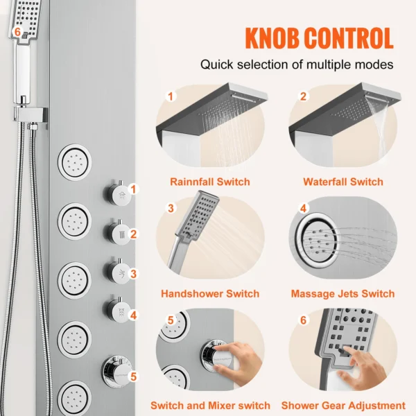 VEVOR Shower Panel System 4 Shower Modes Shower Panel Tower Rainfall Waterfall - Image 5