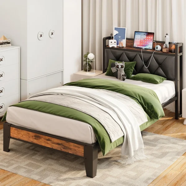 ANCTOR Bed Frames, Twin Queen CaliforniaKing Size Storage Headboard Outlets Easy Install Sturdy Stable, No Noise No Box Springs - Image 3