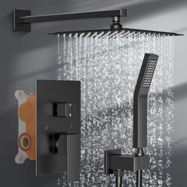 Shower Faucet Set 12" Black Rain Head Ceiling Mount with Handheld Spray High Pressure Bathroom Mixer Wall MountedRough-in Valve