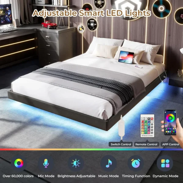 Floating Bed Frame Queen Size with RGB LED Lights and Type-C&USB Ports, Upholstered Platform Queen Bed with Wood Slats - Image 4