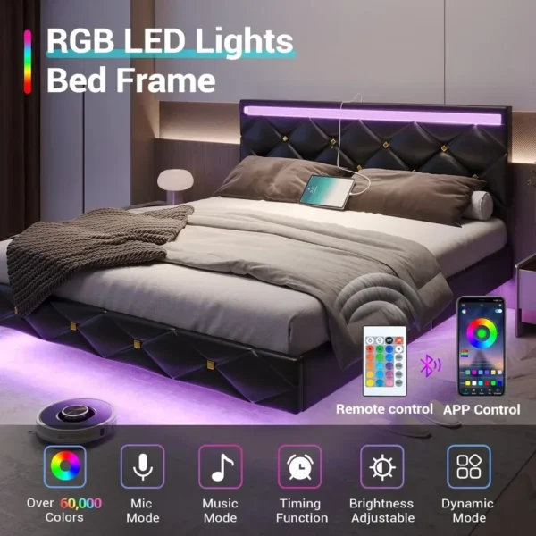 bed，Floating Bed Frame Full Size with Headboard and Charging Ports Modern Visual Full Floating Bed with Led Lights Black Faux - Image 3