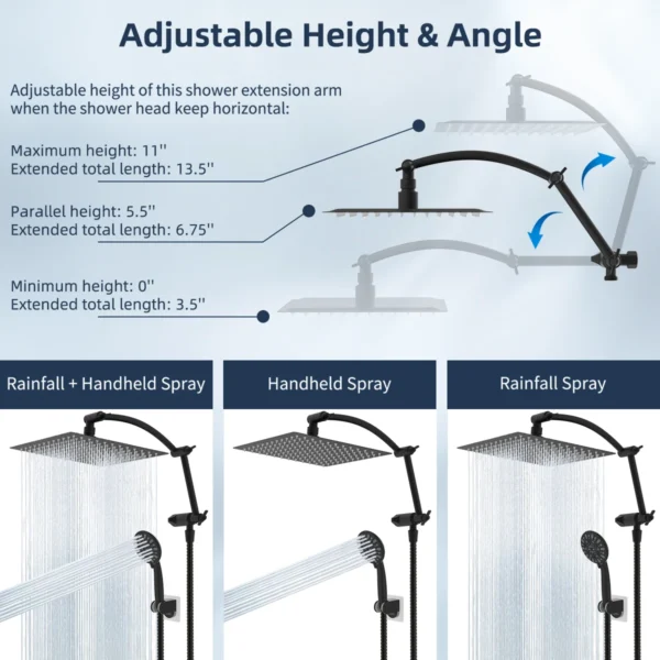 10'' High Pressure Rain Shower Head/Handheld Showerhead Combo with 16'' Adjustable Arc-shaped Shower Extension Arm,71'' Hose - Image 4