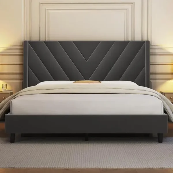 Queen Frame Upholstered Platform Bed /Wooden Slat Support/Tufted Headboard With Wing Side/Mattress F - Image 8