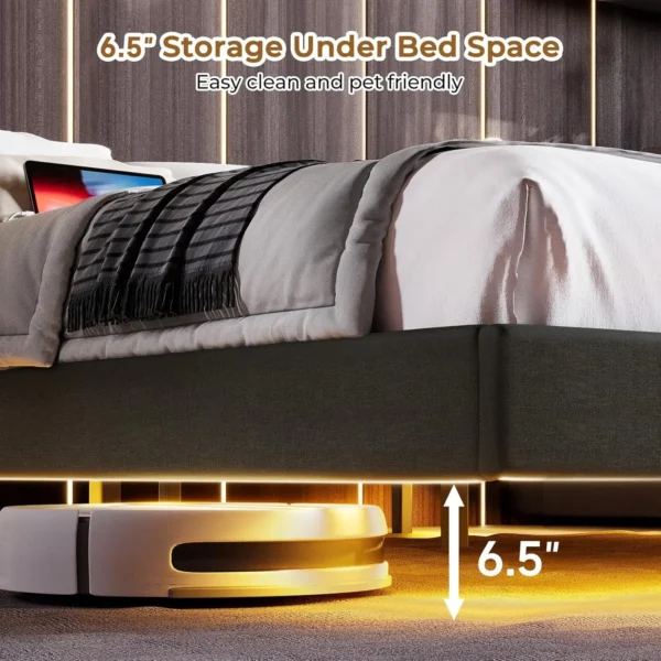 Floating Bed Frame Queen Size with RGB LED Lights and Type-C&USB Ports, Upholstered Platform Queen Bed with Wood Slats - Image 5