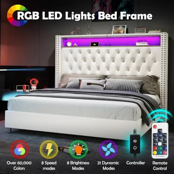 LED King Size Bed Frame and Headboard with Charging Station Velvet Upholstered Beds, No Box Spring Needed, King Size  Bed Frame - Image 6