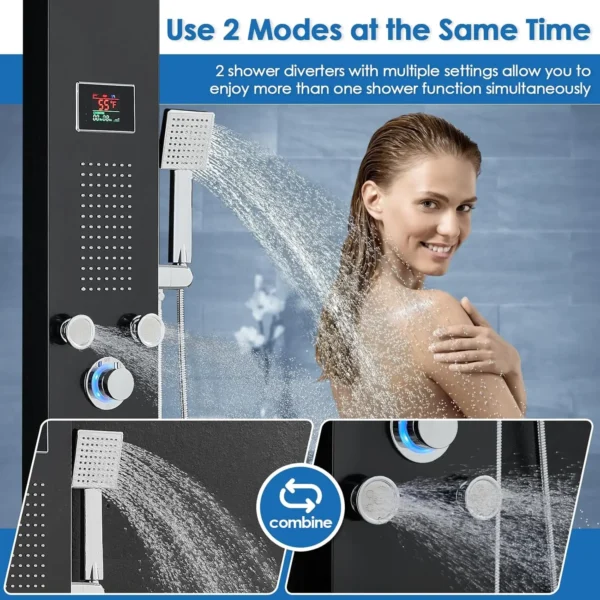 ROVATE LED Shower Panel Stainless Steel Shower Tower System MIST Rainfall Head Body Jets Handheld Tub Spout Black - Image 3