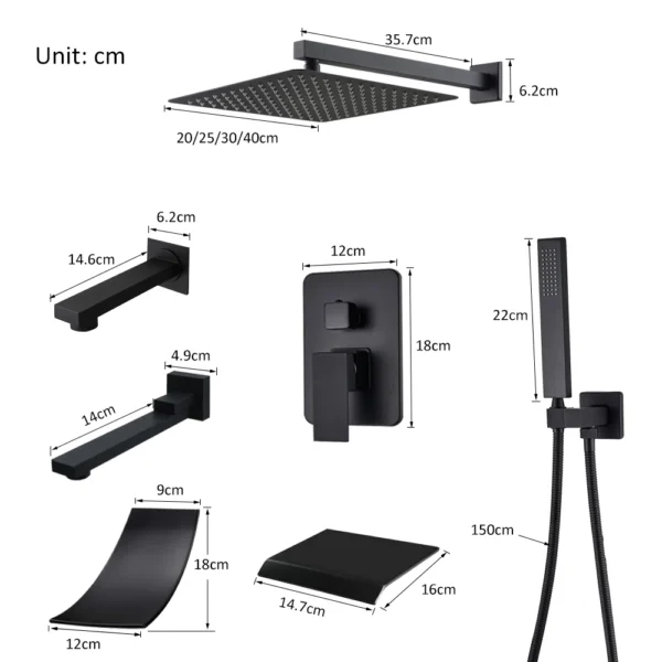 Black Concealed Shower System Rain Waterfall Bathroom Embedded Shower Faucet Set with Tub Spout - Image 4