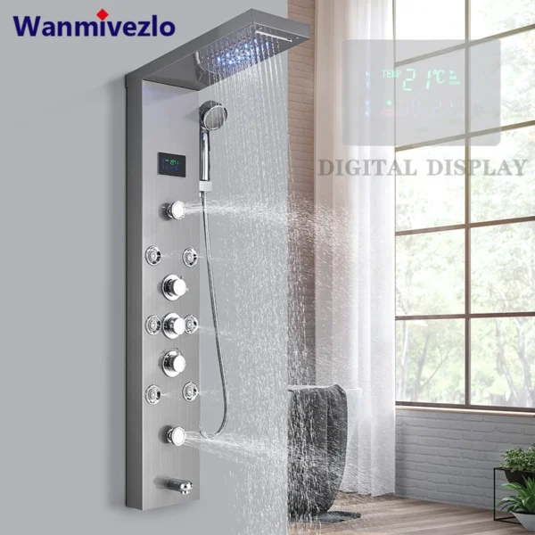 LED Light Bathroom Shower Faucet Set LED Rainfall Shower Panel System Bathtub Water Mixer Tap Massage SPA Temperature Screen