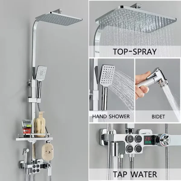 4-Function Button Digital Display Shower Faucet Set Chrome Rain Shower Column Constant Temperature Shower Wall Mounted - Image 8