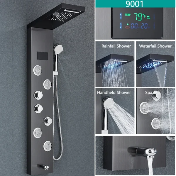 LED Light Bathroom Shower Faucet Set LED Rainfall Shower Panel System Bathtub Water Mixer Tap Massage SPA Temperature Screen - Image 7