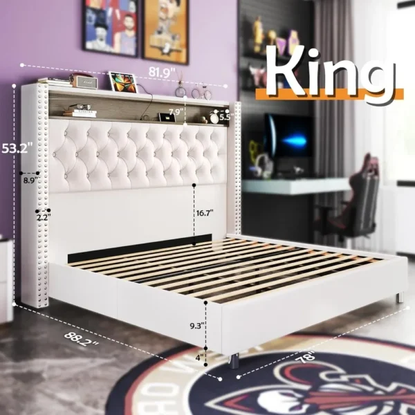 LED King Size Bed Frame and Headboard with Charging Station Velvet Upholstered Beds, No Box Spring Needed, King Size  Bed Frame - Image 2