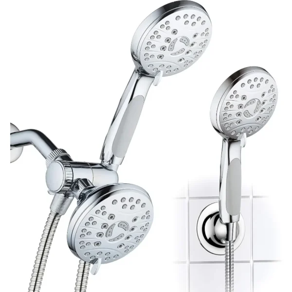 High Pressure 48-mode Luxury 3-way Combo – Dual Rain & Handheld Shower Head – Extra Long 6 Foot Stainless Steel Hose