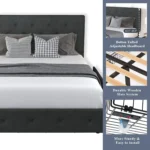 Allewie-Upholstered Queen Size Platform Bed Frame, 4 Storage Drawers and Headboard, Diamond Stitched Button, Tufted Mattress