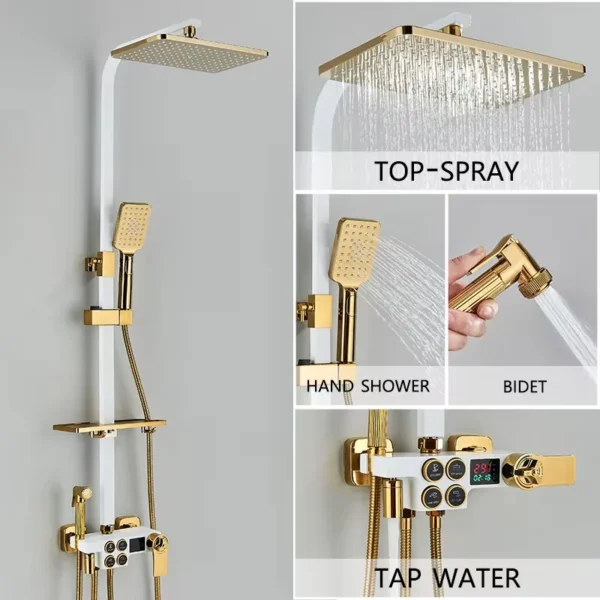 4-Function Button Digital Display Shower Faucet Set Chrome Rain Shower Column Constant Temperature Shower Wall Mounted - Image 7