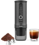 Qwoutin Nano portable electric espresso machine, self-heating, car charger, 20 bar mini coffee maker, with ground coffee; NS cap