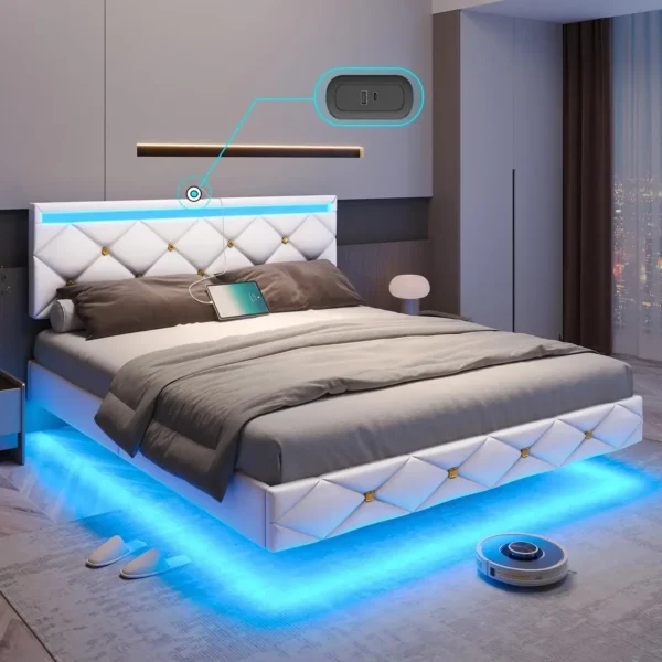 bed，Floating Bed Frame Full Size with Headboard and Charging Ports Modern Visual Full Floating Bed with Led Lights Black Faux - Image 8