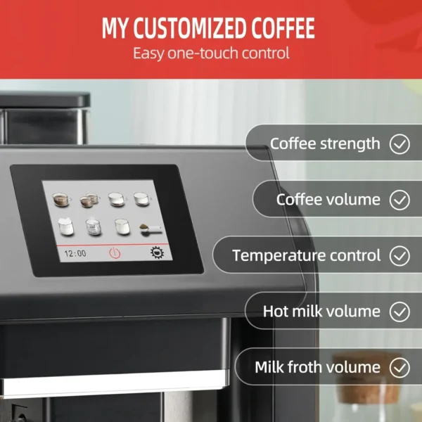 ES317 Fully Automatic Espresso Machine，Milk Frother,Built-in Grinder，Intuitive Touch Display ，7 Coffee Varieties for Home, Offic - Image 4