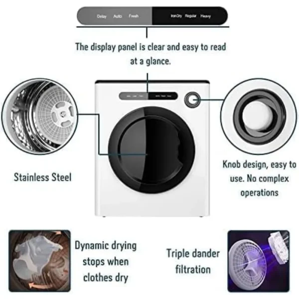 9-pound front mounted stainless steel washing machine with exhaust pipe and control panel, suitable forapartments and households - Image 5