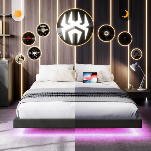 Floating Bed Frame Queen Size with RGB LED Lights and Type-C&USB Ports, Upholstered Platform Queen Bed with Wood Slats - Image 6