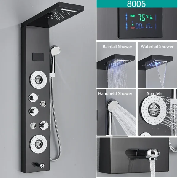 LED Light Bathroom Shower Faucet Set LED Rainfall Shower Panel System Bathtub Water Mixer Tap Massage SPA Temperature Screen - Image 12