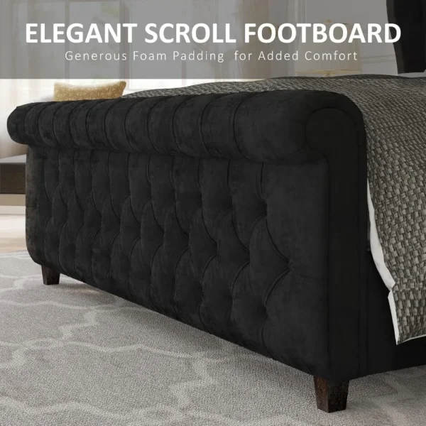 King Size Platform Bed Frame Velvet Upholstered Sleigh Bed with Scroll Wingback Headboard Footboard Button Tufted Easy Assembly - Image 5