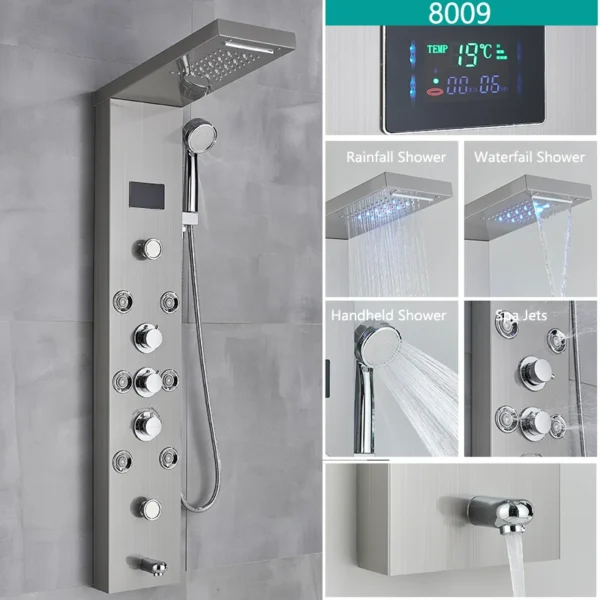 LED Light Bathroom Shower Faucet Set LED Rainfall Shower Panel System Bathtub Water Mixer Tap Massage SPA Temperature Screen - Image 13