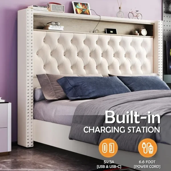 LED King Size Bed Frame and Headboard with Charging Station Velvet Upholstered Beds, No Box Spring Needed, King Size  Bed Frame - Image 3