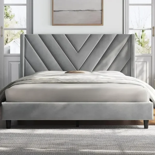 Queen Frame Upholstered Platform Bed /Wooden Slat Support/Tufted Headboard With Wing Side/Mattress F - Image 9