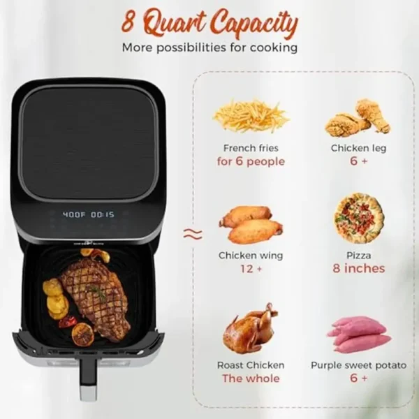 Air Fryer 8 Qt Large Size Clear Window 8 Presets 360° Turbo-Flow Tech Energy Saving Turn Reminder Preheat Light One-Touch Panel - Image 5