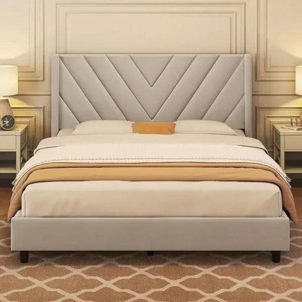 Queen Frame Upholstered Platform Bed /Wooden Slat Support/Tufted Headboard With Wing Side/Mattress F - Image 7