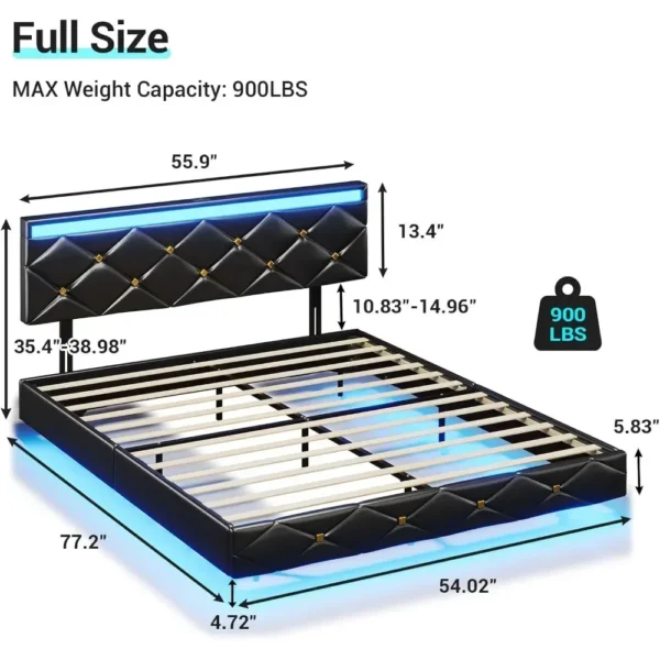 bed，Floating Bed Frame Full Size with Headboard and Charging Ports Modern Visual Full Floating Bed with Led Lights Black Faux - Image 5